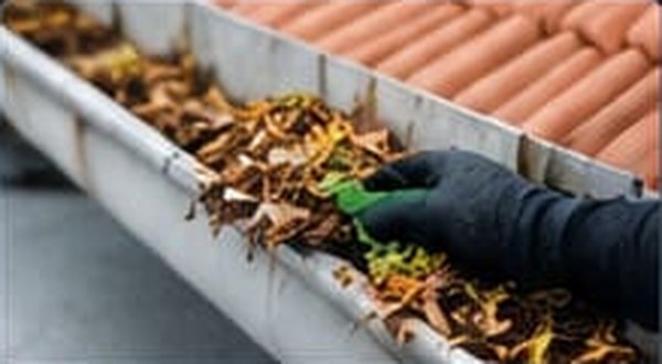 Limpieza de hojas acumuladas en un canalón