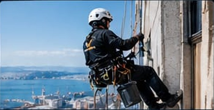 Profesional realizando trabajos verticales en una fachada